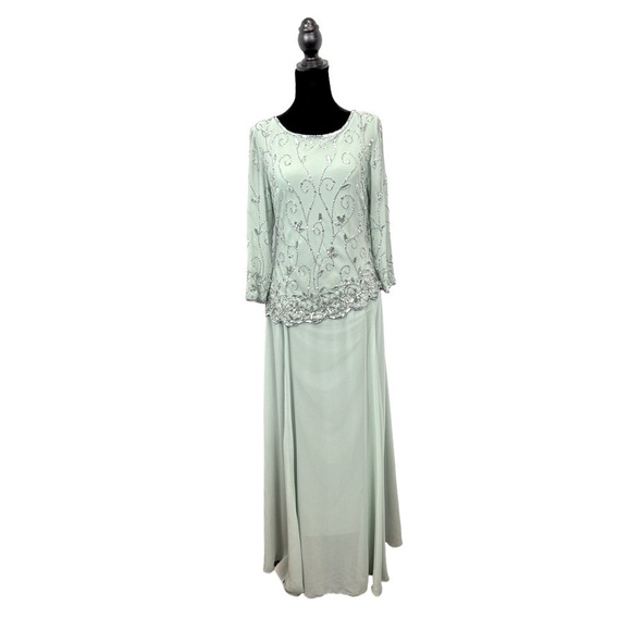 J Kara Women’s Beaded/Scalloped Asymmetrical Celadon Gown Size-6 NWT - Picture 1 of 14